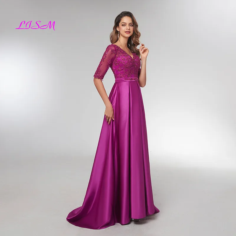 Paars Halve Mouwen Avondjurken 2020 Elegante Kant Geappliceerd Kralen Lange Formele Gowns Illusion V-hals Satin Prom Dress