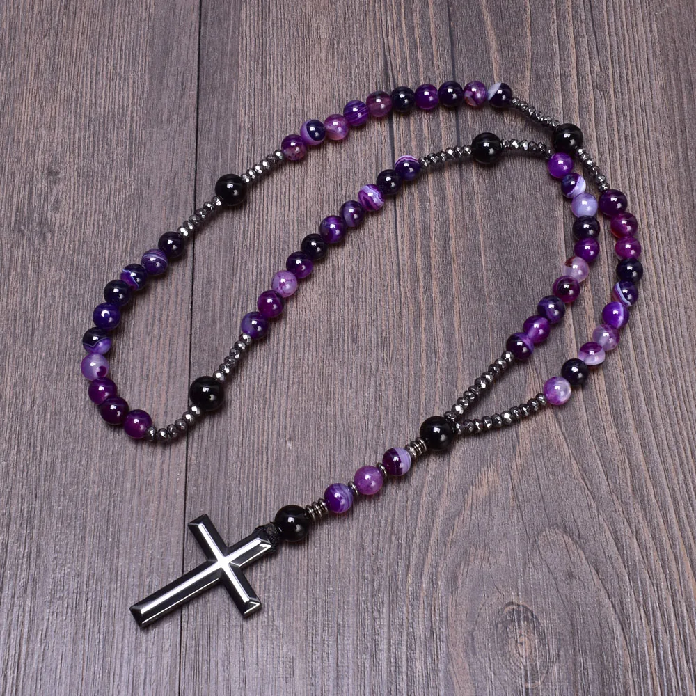 8mm Purple Lace Agate Catholic Christ Rosary Necklaces for Women Hematite Cross Pendant Mala Jewelry Gift Wholesale Dropship