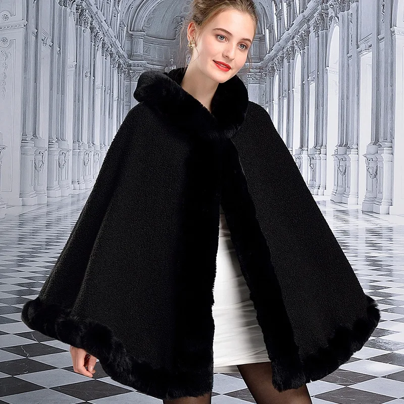 Women Rabbit Fur Collar Loose Poncho Mantle With Hat Cape Big Pendulum Outstreet Winter Warm Granular Velvet Thicken Shawl Coat