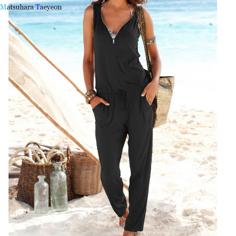 

New Fashion Jumpsuit Women Summer Zipper Sexy Jumpsuit Straight Casual Sleeveless Playsuit Women Jumpsuits Women Clothes