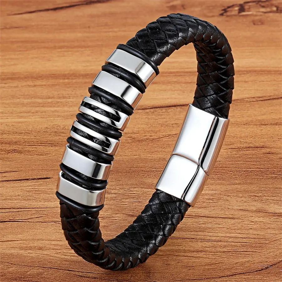 

TYO 15 Style Choose Genuine Leather Cool Black Creative Design Stainless Steel Magnetic Buckle Charm Men Bracelet Wholesale