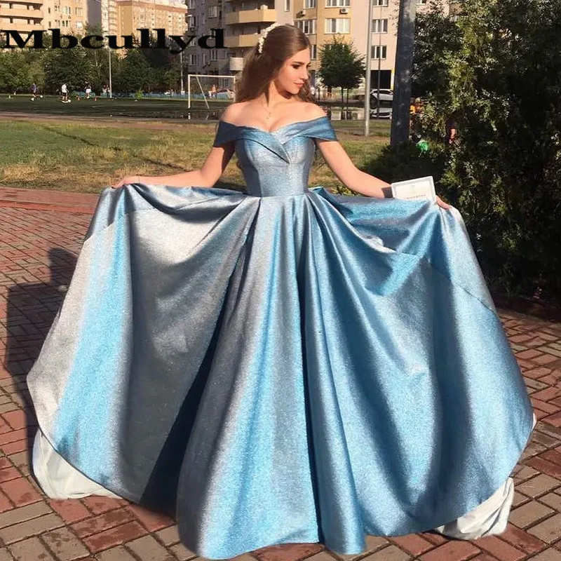 Mbcullyd Blu Paillettes Vestito Da Promenade 2020 Elegante Off Spalla Una Linea Lungo di Laurea Abiti Del Partito Per Le Donne A Buon Mercato Robe De soiree