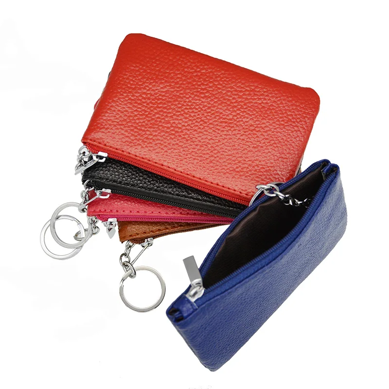 Cartera de cuero genuino para llaves, monedero pequeño de Color caramelo Popular, paquete de tarjeta de autobús rojo rosado, bolsillo con cremallera, logotipo de nombre personalizado