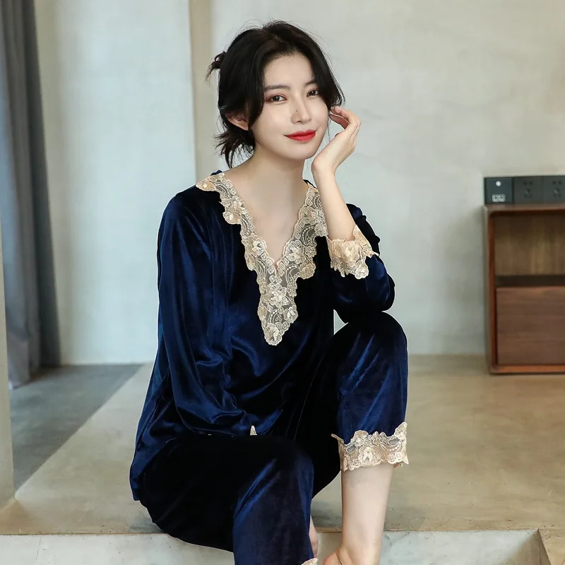 2021 Lace Pajamas for Women Comfortable Skin-friendly Long-sleeved Trousers Home Service Suit Pajamas Set Sleepwear пижама