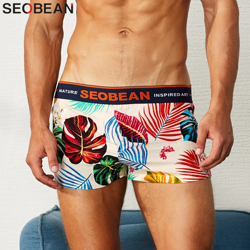 SEOBEAN-bóxer de moda joven para hombre, ropa interior cómoda y suelta con flores, calzoncillos para el hogar, ropa interior para jóvenes, ropa de