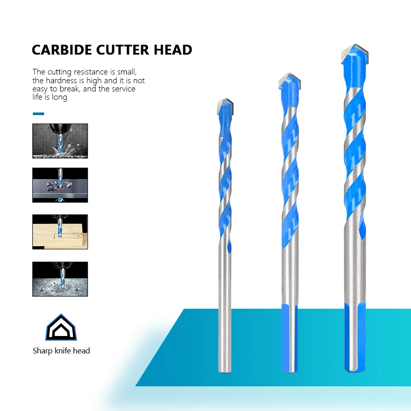 1pc 3-12mm Hreaded Triangolo Carburo Manico Rotondo Blu Overlord Trapano Parete Piastrelle Cemento Marmo Punta da trapano elettrico per uso domestico