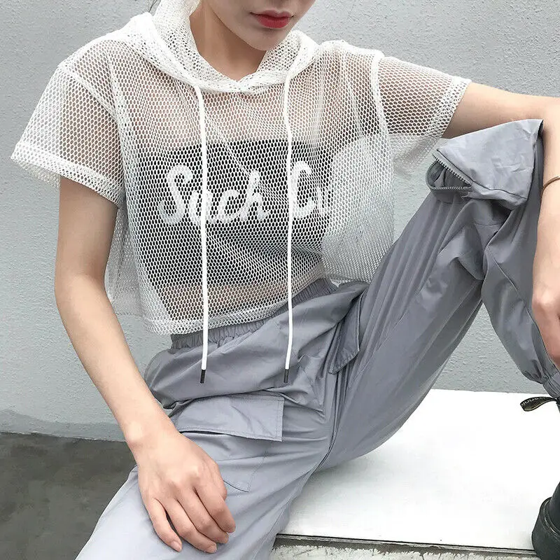

Womens Hollow Mesh Net Hooded T-Shirt Short Sleeve Tee Tops Transparent Black Swxy Clubwear Party