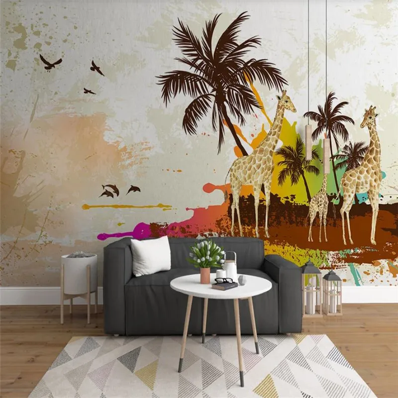 Milofi custom 3D wallpaper mural watercolor sea coconut tree giraffe background wall living room decoration painting wallpaper