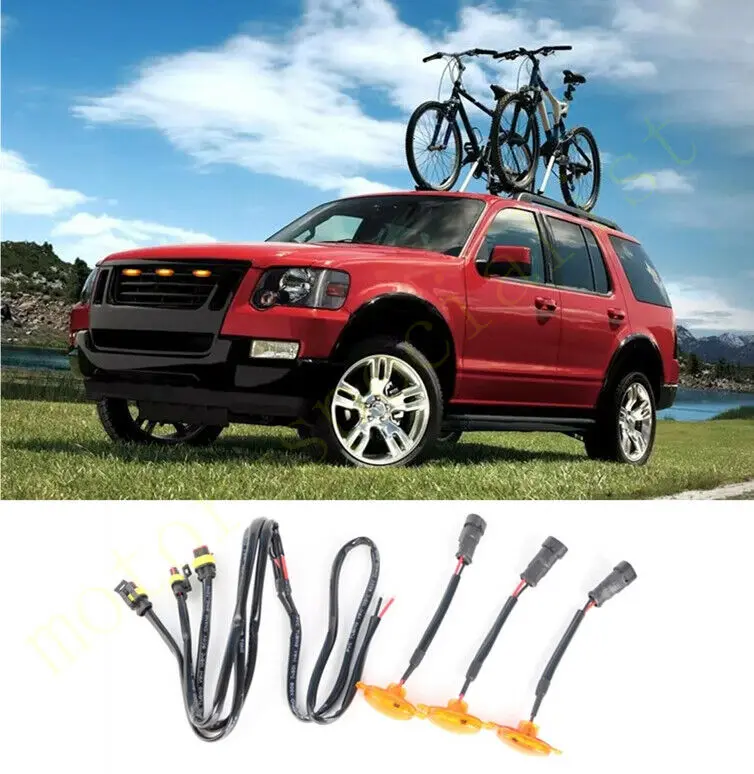 3pcs LED Car Front Grille LED Amber Light Raptor Style Light Kit Decor W/ Wire Speed For Ford Explorer 2006-2010