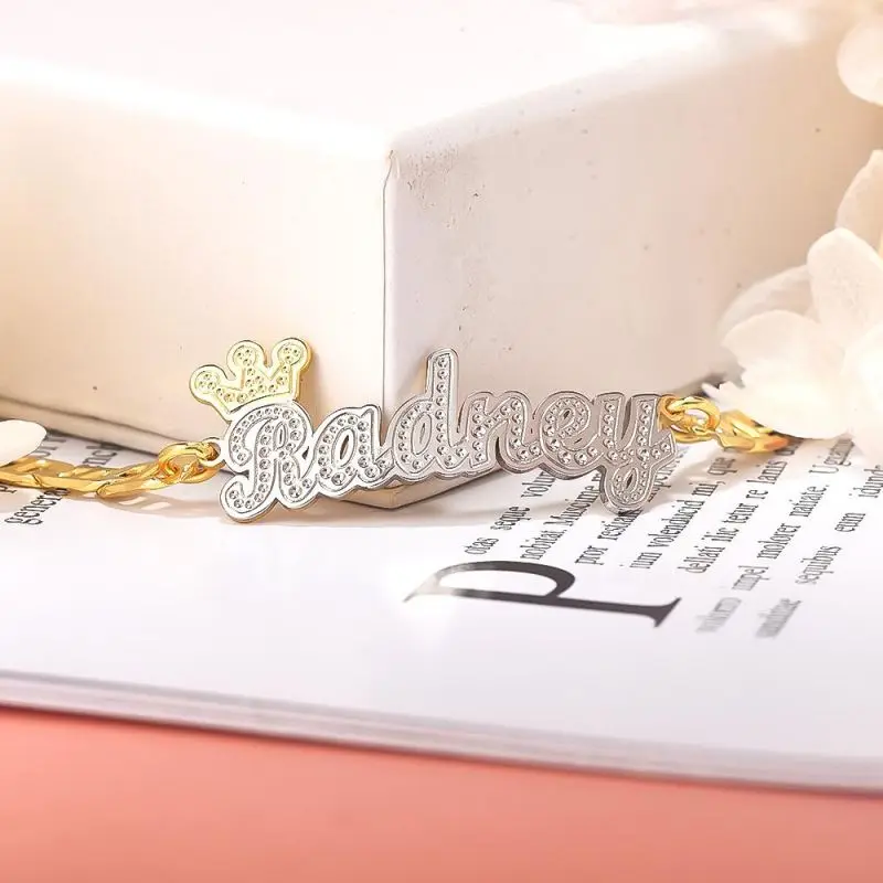 Custom Crown Two Tone Name Bracelet Personalized 3D Name Bracelet Double Layer Gold Plated Name Bangle For Women Jewelry Gift