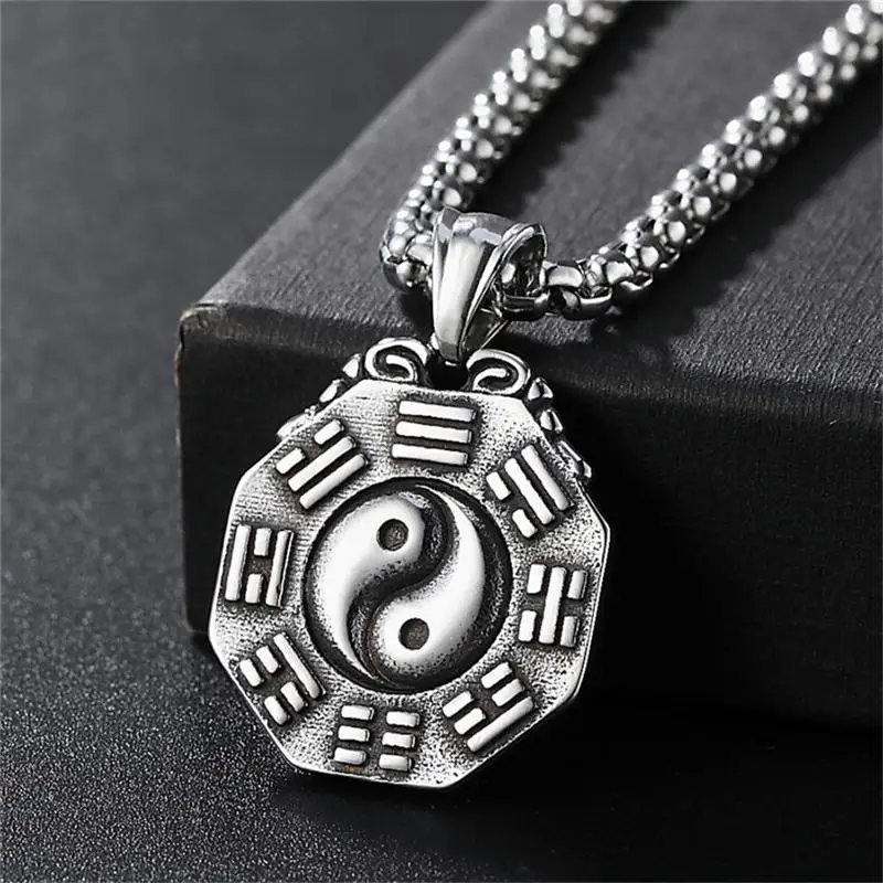 Elfasio Yin Yang Symbol Chinese Feng Shui Amulet Stainless Steel Pendant Necklace with Chain