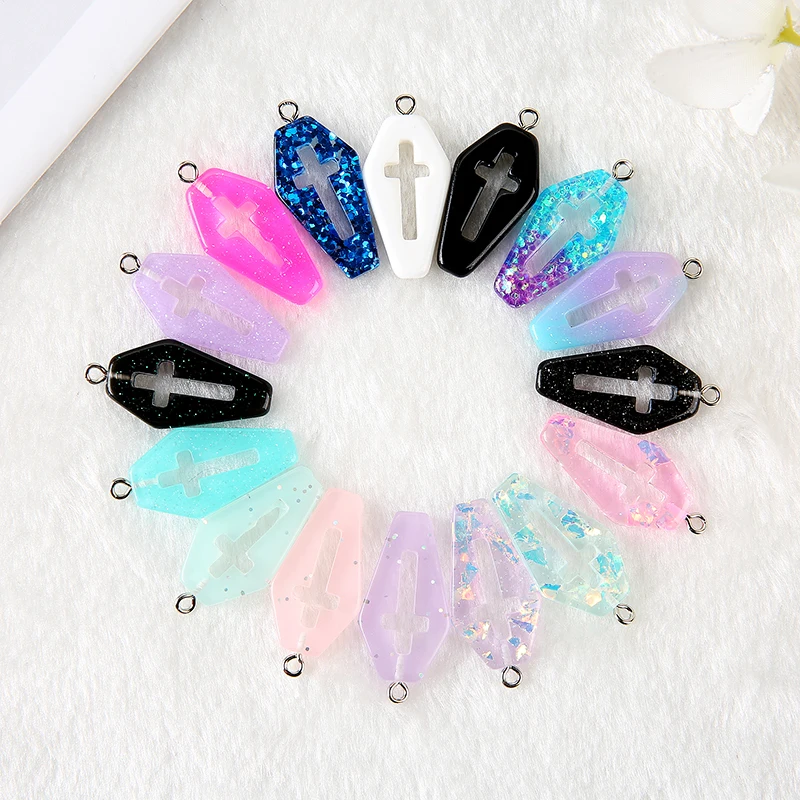 15Pcs 29*16mm Punk  Charms Resin Glitter Coffin Planchette  Flatback Cross Accessory for Jewelry DIY Making