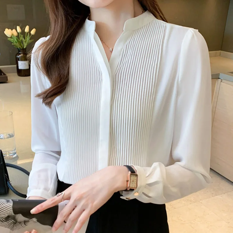 New Shirt Women's Elegant Fashion Blouse 2021 V-neck French Chiffon Shirt Solid Blusas Female Tops Mujer White Dropshipping 1288