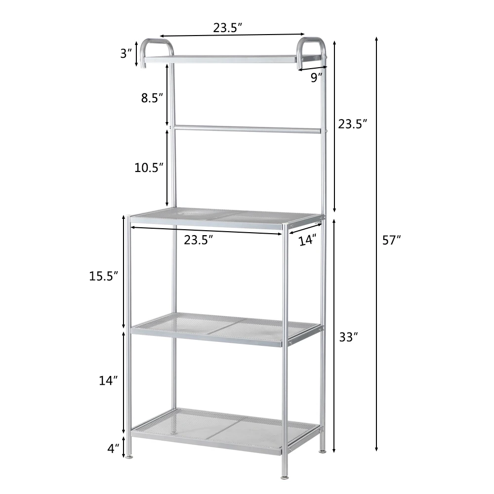 4-Layer Wrought Iron Kitchen Shelf Storage Rack With Mesh Surface Adjustable Feet Microwave Oven Stand Silver Grey/White [US-W]