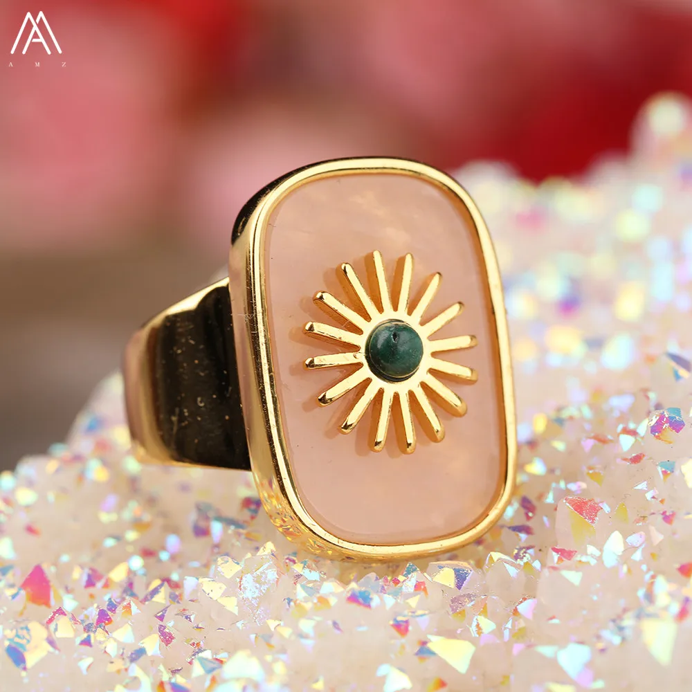 

Natural Gems Stone Gold Adjustable Open Rings Women Paved Sun Flower Gems Stone Rectangle Ring Jewelry Gift For Women Dropship