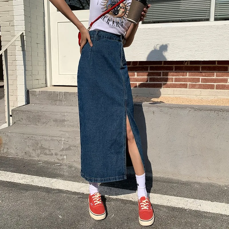 GUUZYUVIZ High Waist Skirt Casual Denim Blue Long Skirts For Women Korean Jean Skirts For Ladies Harajuku