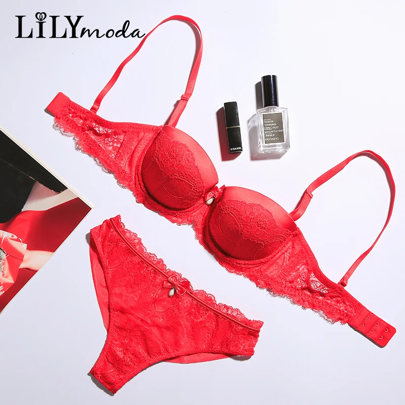 

Lilymoda Women Red Bra Set Sexy Thongs Lingerie Lace Pearl Decoration Bra and Panties Seamless Brief Underwear Push Up Brassiere