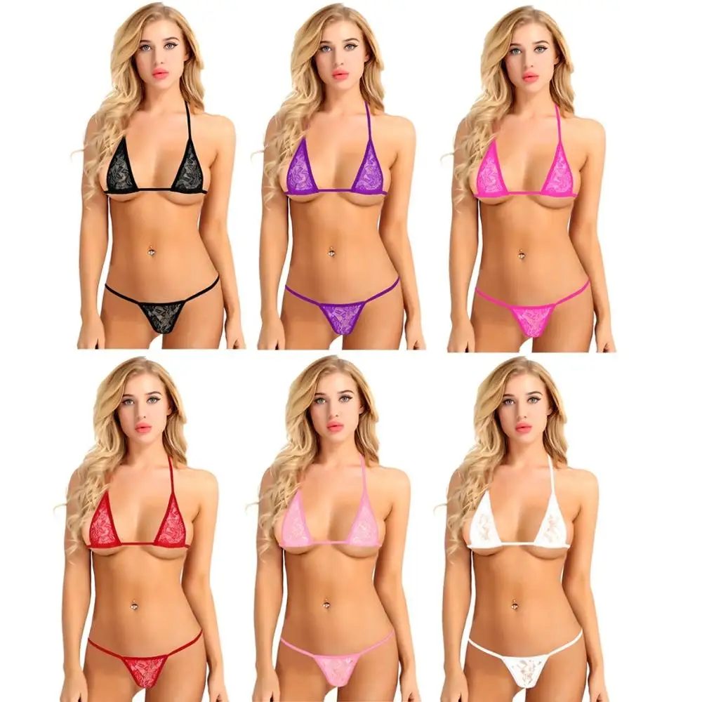 Sexy Female Erotic Minimal Mini Micro Bikini Swimsuit Lingerie Swimwear Beachwear Perspective Bra Top & G-String Brief Underwear