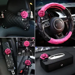 Rose Camellia Flower Car Interior Accessories Styling Crystal Leather Steering Wheel Cover Hand brake Gear Cover Seat Belt Sets