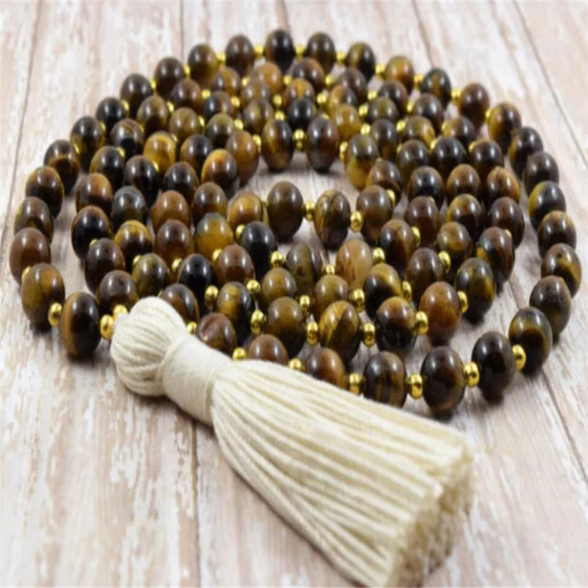 

8mm Tiger's eye gemstone Tassel necklace 108 BeadsMeditation Rustic Relief Pendant Choker Healing Beads Fashion Yoga Men