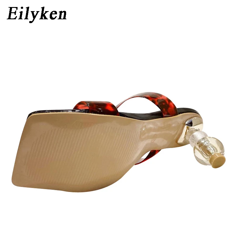 Eilyken 2024 New Summer Square Toe Ladies Slippers PVC Transparent Crystal Strange Style Clear Heel Women Leopard Grain Slides