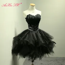 AnXin SH princess black feather ruffles strapless party beading crystal white customized evening dress little black dress