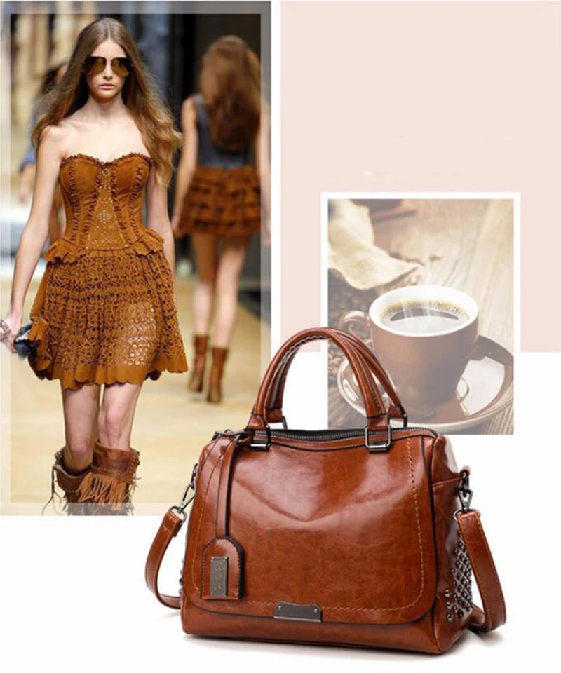 

Ladies shoulder bag 2021 new European and American retro portable oil leather bag fashion rivet messenger bag