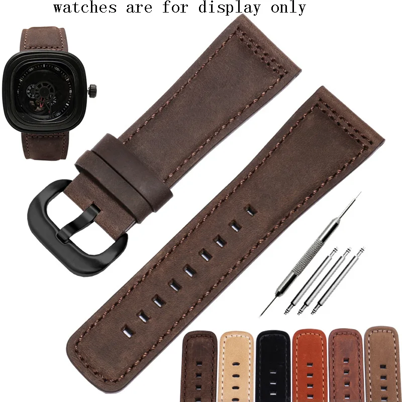 

28mm Scrub Genuine Leather Watchband Black Brown Durable Pin Buckle Strap Suitable For P1 P2 S2 M2 Q2 M1B T3 Retro Wristband