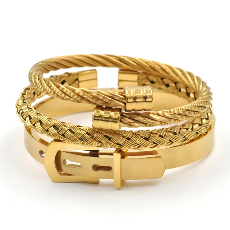 Stainless Steel Jewelry Set Belt Design Buckle Bangles Men Gold Black Color Cable Wire Bracelet For Women Bijoux Lover Gift