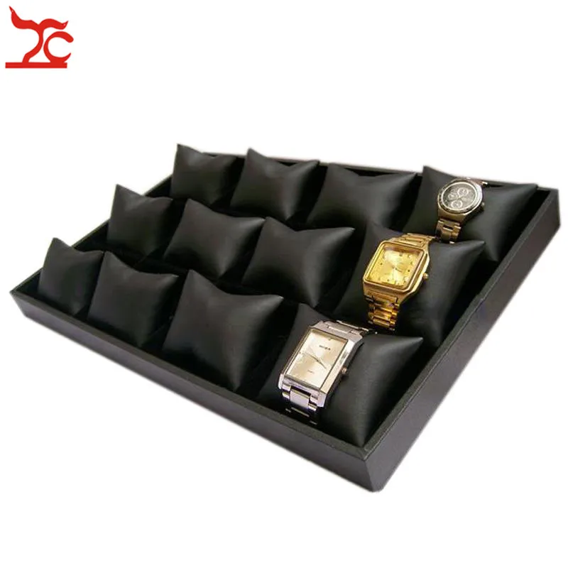 

Convenience 12 Grids Jewelry Display Case Bangle Bracelet Display Pillow Box Black PU Velvet Watch Display Holder Cushion Tray