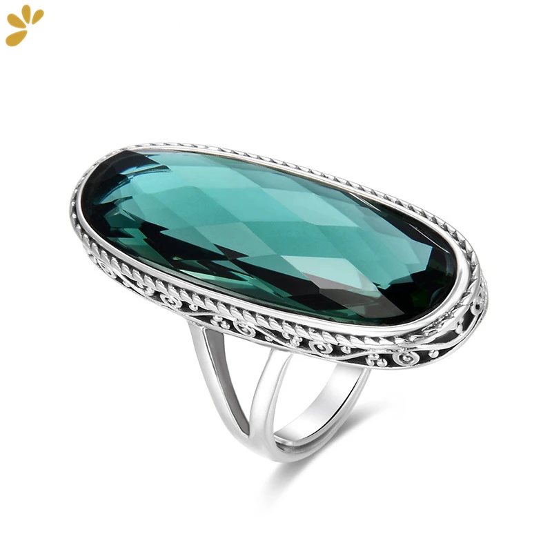 925 Sterling Silver Green Crystal Smoky Quartz Women\'s Ring  K-pop Trendy Big Resizable Gemstone Rings Fine Jewelry Gift Party