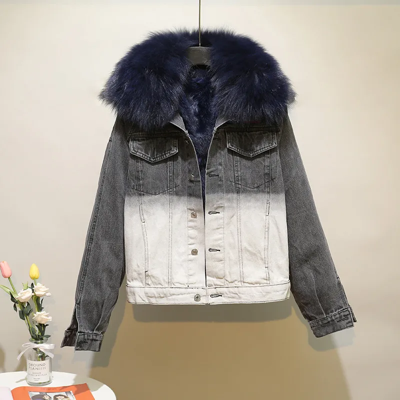 2023 new winter fox fur collar loose thick Parkas fashion embroidery contrast gradient color jacket short denim coat for women