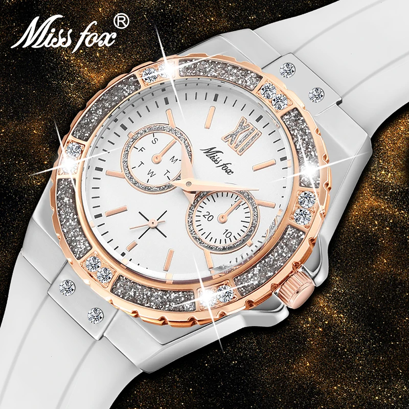 

MISSFOX Watches Women Geneva Fashion Ladies Watch Luxury Diamond White Rubber Band Female Quartz Wristwatch 2020 The New