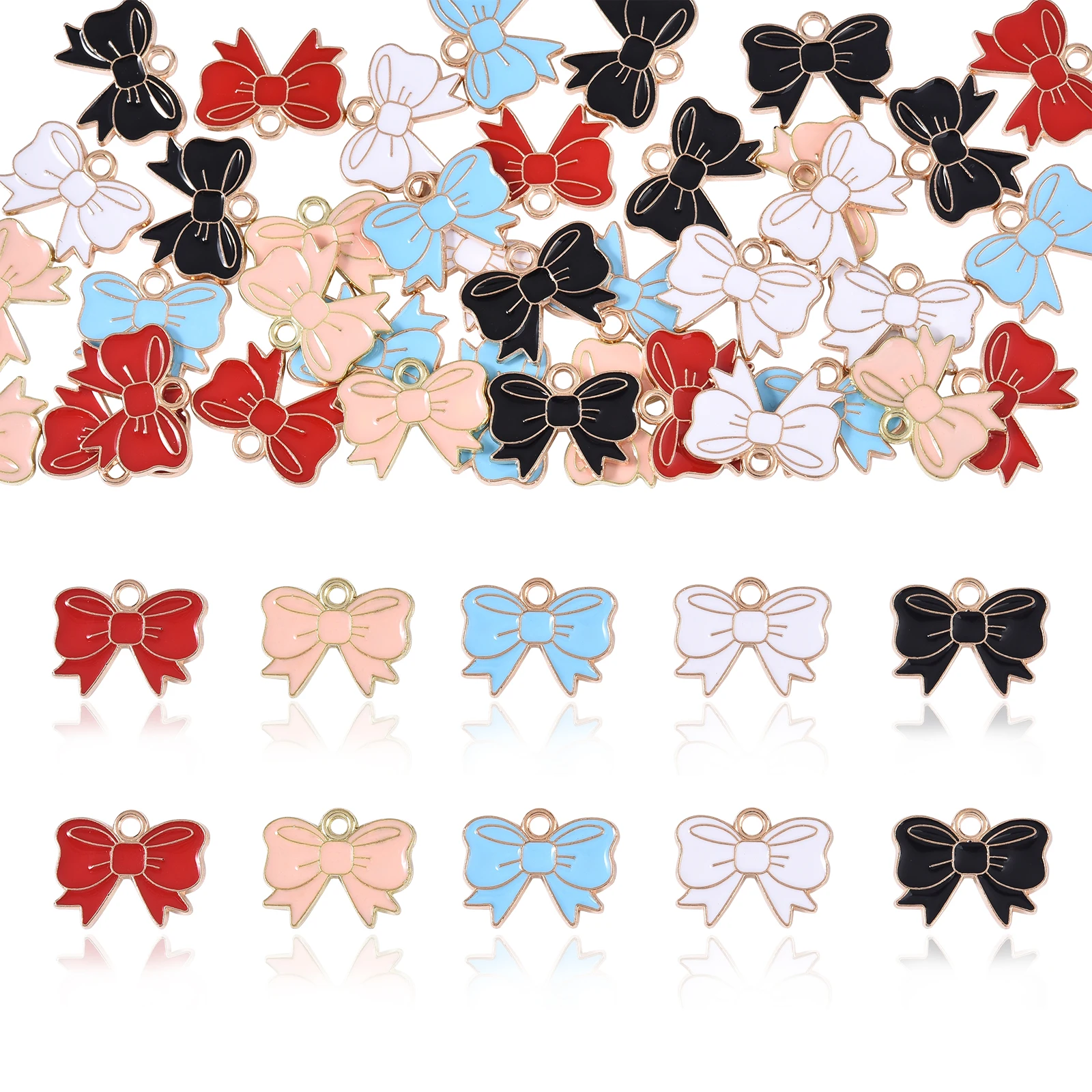 50Pcs 5-Colors Bowknot Enamel Charms Zinc Alloy Enamel Pendants Bulk for Earring Necklace Bracelet Jewelry Making DIY Craft