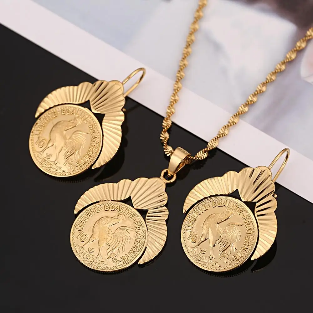 Trendy Gold Color Old French Coin Liberte Egalite Fraternite Coin 1912 Metal Coins Women Jewelry Sets