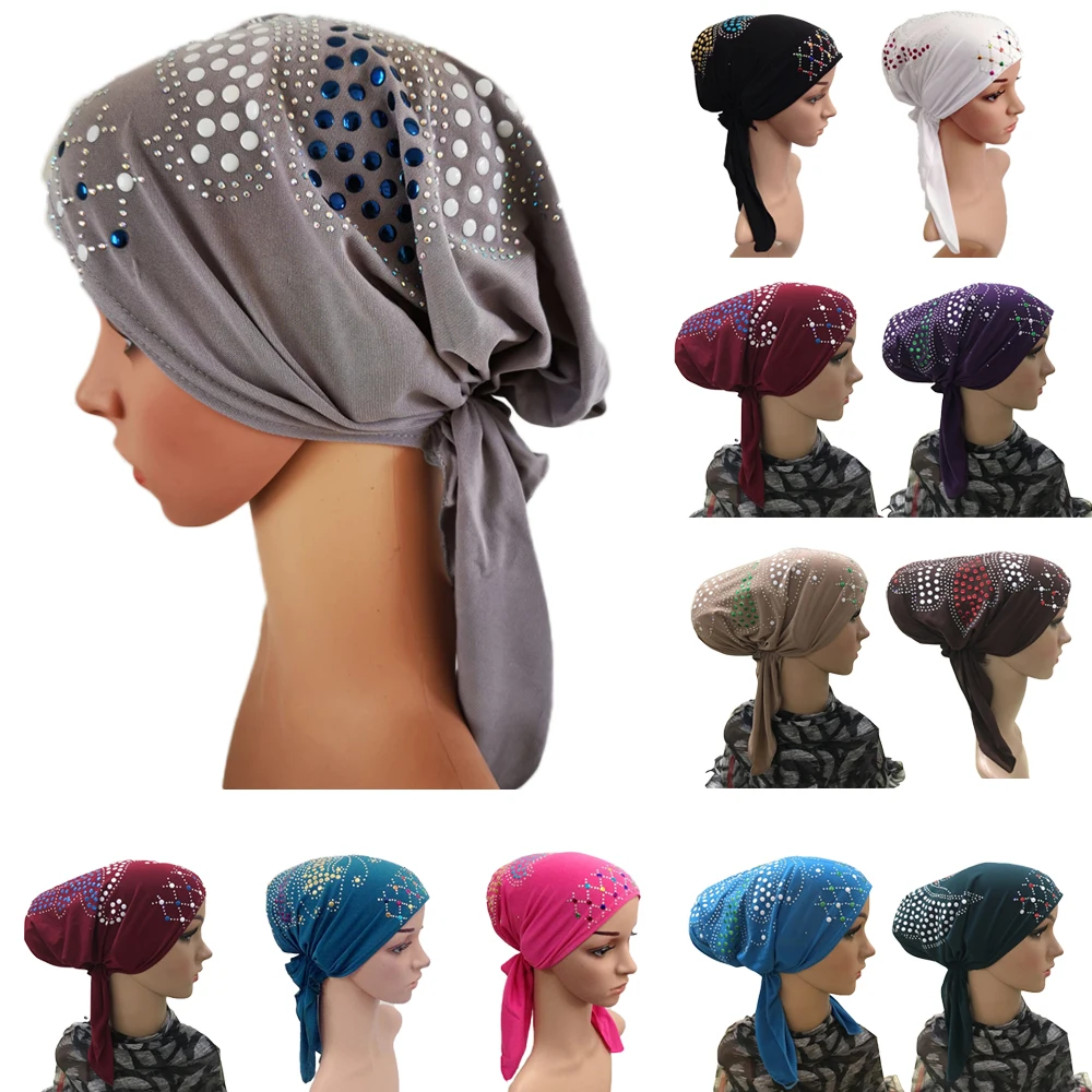 

Multicolor Rhinestone Caps Islamic Headwear Women Muslim New Hijab Head Wear Long Tail Headscarf Arab Hair Losss Ramadan Fashion