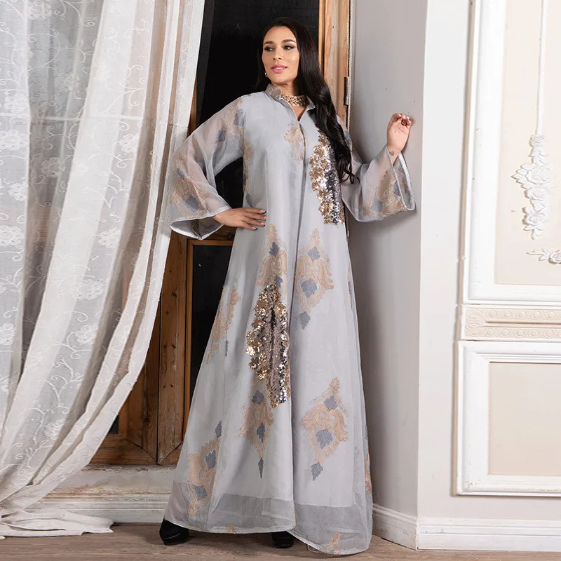 2024 Mesh Sequins Embroidery Abaya Femme Musulman Muslim Dress Women Clothing Marocain Kaftan Dubai Turkey Abayas Islam Jalabiya