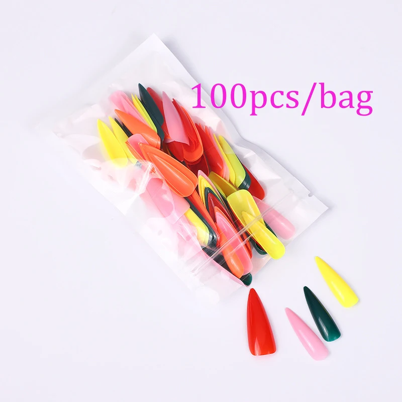 100pcs/Bag False Nail Tips Long Pointed Nails Black White Red Mixed Candy Color Fake Nails 14 Colors to Choose