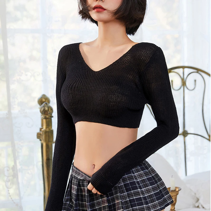 Sexy Women Breast Bare Crop Top Sweaters Kawaii Japan Lolita Long Sleeve Knitting Short Pullovers Babydoll Erotic Lingerie