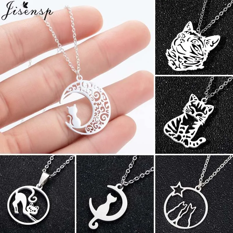 Stainless Steel Origami Cat Necklaces Lovely Animal Kitten Jewelry Cat on the Moon Pendant Necklace Women Bijoux Collane