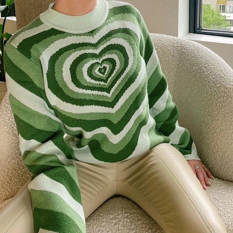 Heart Striped Knitted Sweaters Women Y2K Pullovers Sweater Girl Sweet Long Sleeve Jumper Green Turtleneck Sweater Streetwear