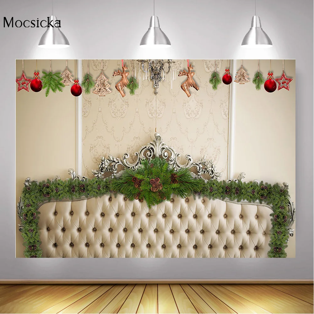 Christmas Backdrop Decoration Family Party Video Background Props Green Vine Red Bells Elk Toys Winter Leather Style Photography