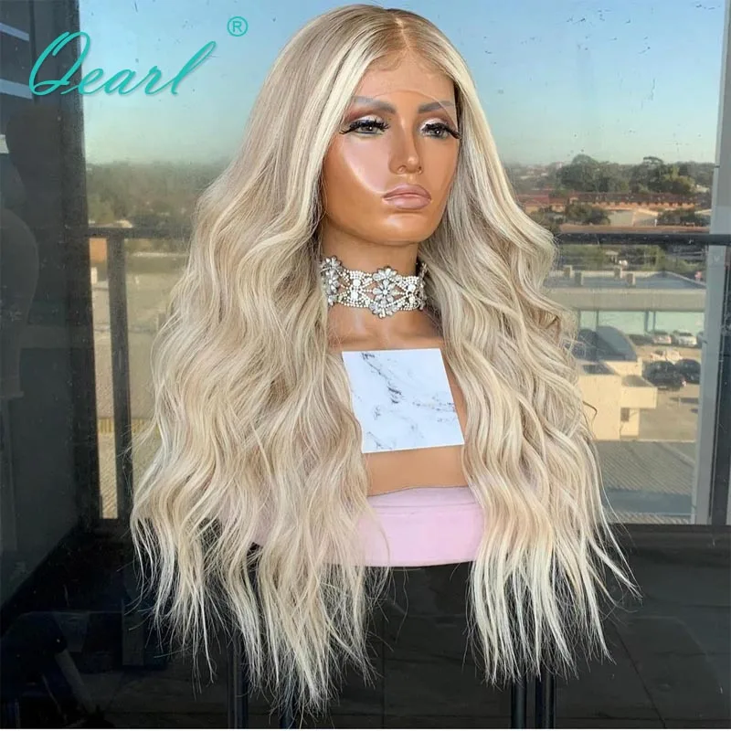 

Womens HD Transparent Lace Front Wig 13x6 Water Wave Full Lace Human Hair Frontal Wigs Ombre Blonde ASh Highlights 180% Qearl