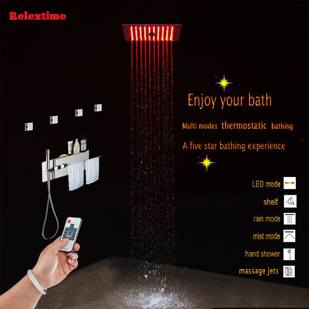 

Concealed thermostatic Shower Panel Nozzle Light LED Luxury Ceiling Shower Head Shower Faucet Tap Towel Rack Shelf Massage Jets