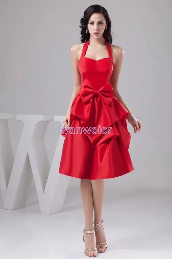 free shipping 2014 design hot sale handmade bow beach fashion bridal gown halter custom size/color short red Bridesmaid Dress