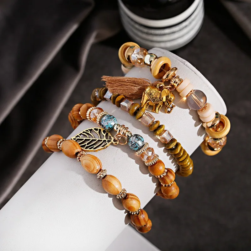 Boho Wood Beads Bracelet Tibetan Buddhist Mala Elephant Charm Rosary Bracelet Yoga For Women Dropship