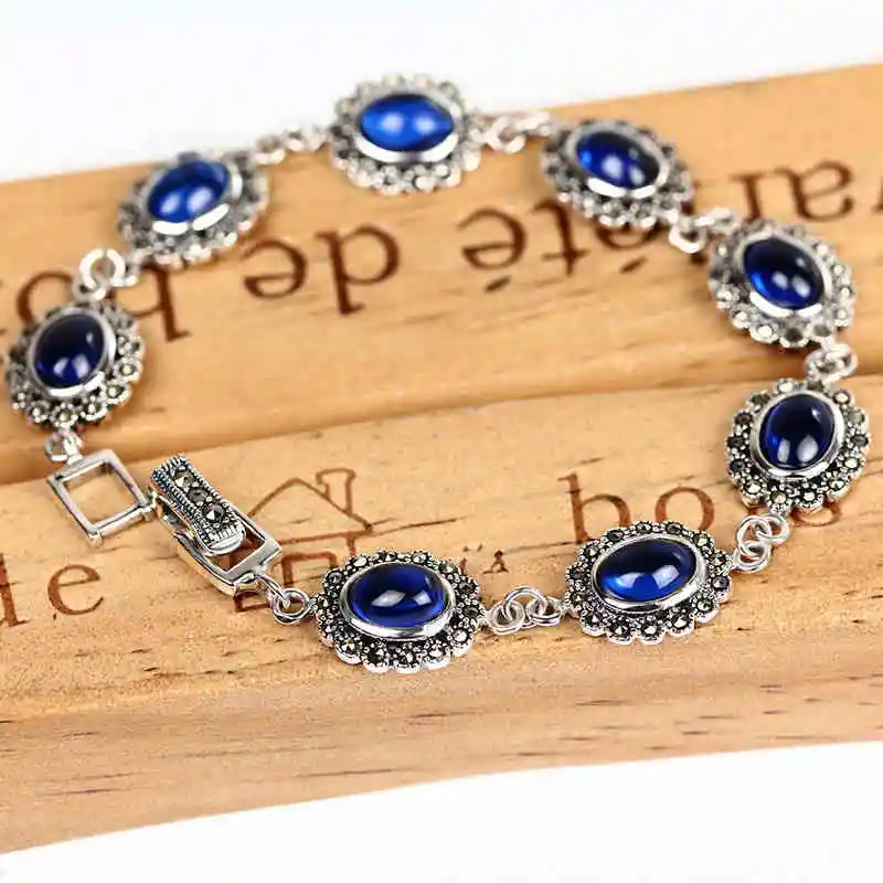 

ZHJIASHUN Retro 100% 925 Sterling Silver Sapphire Bracelets Retro Natural Gemstone Bracelet Jewelry For Women