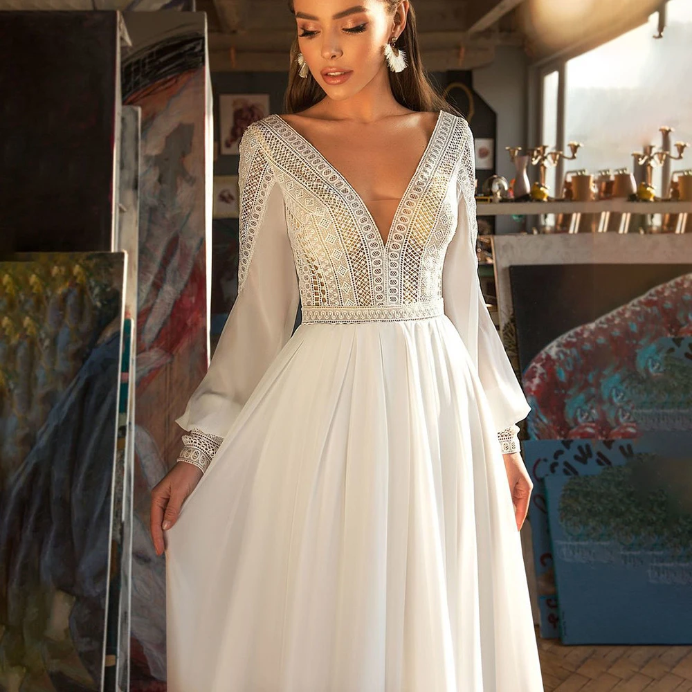 Mangas compridas chiffon vestido de casamento v pescoço robe de mariee aberto para trás mais tamanho chão comprimento boho praia mar dama de honra vestido de noiva