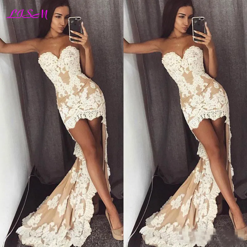 Sexy Champagne Lace Mermaid Prom Dresses Sweetheart Front Short Back Long Plus Size Evening Occasion Party Wears Cocktail Dress