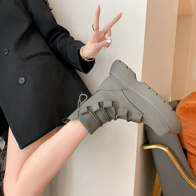 White Mid-Calf Boots Women Shoes Autumn Boots-Women Round Toe Low Mid Calf Lolita Rock 2024 Rubber Ladies Solid Slip-On Flock C